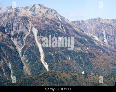 Herbstfarben in japanischen Alpen - Blick von der Shin-Hotaka-Seilbahn in der Präfektur Gifu, Japan Stockfoto