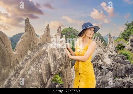 Frau Tourist auf dem Hintergrund der erstaunlichen riesigen Drachenstatue auf Kalkstein Berggipfel in der Nähe Hang Mua Aussichtspunkt am nebligen Morgen. Beliebter Tourist Stockfoto