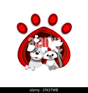 Niedliche Katze, Hund und Papagei sitzen in Haustier Tier Pfote drucken, Vektor-Papier geschnitten Illustration. Tierhandlung, Tierheim, Tierarzt-Logo. Stock Vektor