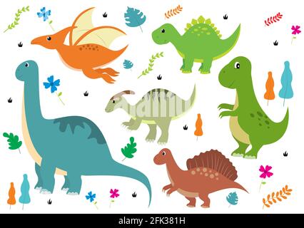 Niedliche Dinosaurier Cartoon Charaktere Illustration als Spinosaurus, Parasaurolophus, Stegosaurus, Tyrannosaurus, Pterodactyl, Und Diplodocus. Hintergrundbild Bac Stock Vektor