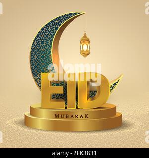 Eid Mubarak und Ramadan Kareem Grüße. goldene Laterne in Halbmond goldenen Hintergrund hängen .Vektor-Illustration Design Stock Vektor