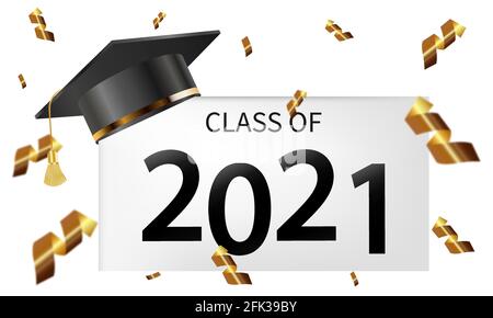 Klasse und Absolventen von 2021 mit Abschlusskappe und Konfetti. Vektorgrafik für Design und Design Stock Vektor