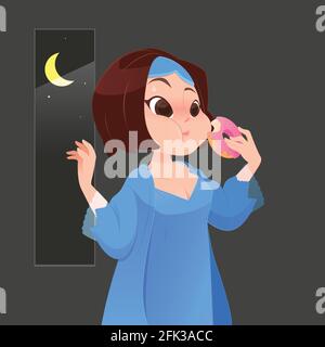 Abbildung: Frau in Blau Nachthemd essen Donut in Küche mit Fenster in der Nacht, Cartoon Vektor Stock Vektor