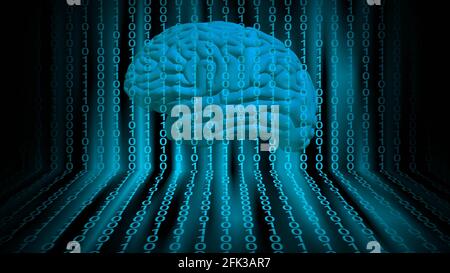 Sicherheitskonzept in hellblauem Design - menschliches Gehirn in Digitaler Hintergrund hinter Bändern aus Binärcode - 3D Illustration Stockfoto