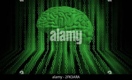 Sicherheitskonzept im grünen Design - menschliches Gehirn im digitalen Hintergrund hinter Bändern mit Binärcode - 3D Illustration Stockfoto