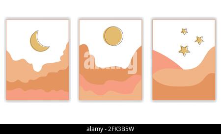 Set von abstrakten Hintergründen Berglandschaft Himmel, Sonne, Mond und Sterne. Stock Vektor
