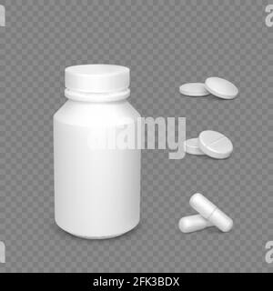 Realistischer Behälter mit Tabletten. Weiße Medikamentenkapseln und -Pillen. Gesundheits- und Medizinobjekt für Banner oder Poster. Vektor Stock Vektor