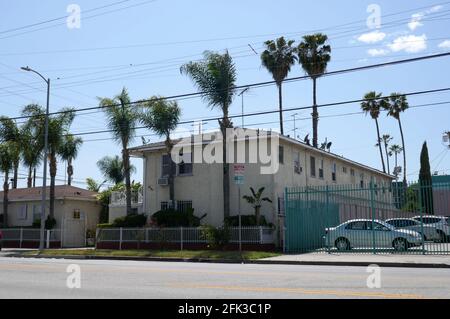 Los Angeles, Kalifornien, USA 27. April 2021 EINE allgemeine Sicht auf die Atmosphäre des ehemaligen Hacienda Motels, in dem Sänger Sam Cooke am 11. Dezember 1964 in der S. Figueroa Street 9137 in Los Angeles, Kalifornien, USA, ermordet wurde. Foto von Barry King/Alamy Stockfoto Stockfoto