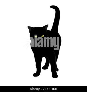 Eine schwarze Katze mit ernstem Aussehen und gelben Augen steht mit erhobenem Schwanz. Isoliert auf weißem Hintergrund. Vektorgrafik im Cartoon-Stil. Stock Vektor