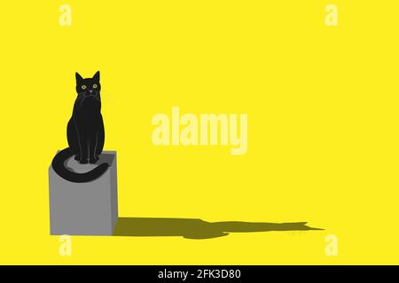 Eine schwarze Katze sitzt auf einem grauen Würfel auf einem gelben Hintergrund. Scharfe Schatten. Das Bild ist in trendigen Farben im Stil des Impressionismus. Vektordarstellung Stock Vektor
