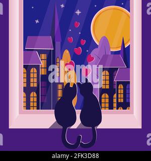 Zwei liebevolle Katzen sitzen am Fenster und schauen auf die Nachtstadt, den Himmel und den Mond. Romantischer Hintergrund für eine Postkarte, Einladung oder ein Banner. Vektor i Stock Vektor