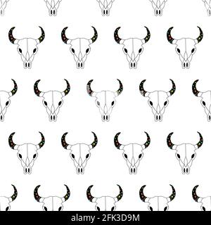 Bull Skull nahtloses Vektor-Muster. Kuhschädel Linie Kunst mit bunten Geweih wiederholen Hintergrund. Verwenden Sie für Boho Dekor, Stoff, Wild West Cowboy, Kinder Stock Vektor