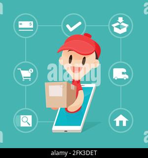 Cartoon Delivery Man bringt eine Ware an einen Kunden vom Smartphone, Vector Illustration, Konzept mit Online Shopping und Dienstleistungen. Stock Vektor