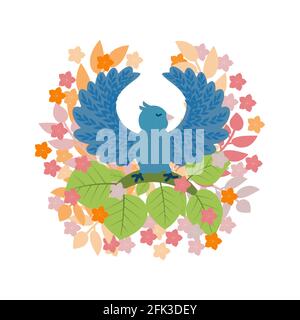 Ein Vogel auf einem blühenden Baum in einem handgezeichneten Stil mit einem verzierten Muster. Illustration mit hellen Blumen und einem Vogel mit erhobenen Flügeln in Form von Stock Vektor
