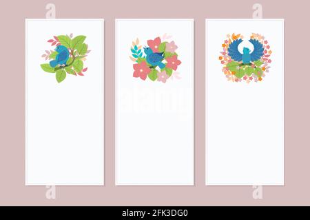 Eine Reihe von Spruchbändern, Postern, Einladungen oder Flyern mit einem Muster im Frühjahr/Sommer. Designelemente mit Vögeln, Blumen und Blättern im flachen Stil. Vect Stock Vektor