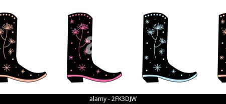 Cowgirl Stiefel nahtlose Vektor Grenze. Cowboyschuhe mit horizontalem Muster wiederholen. Für Stoffbeschnitt, Fußzeile, Kopfzeile, Banner und Trennwände. Stock Vektor