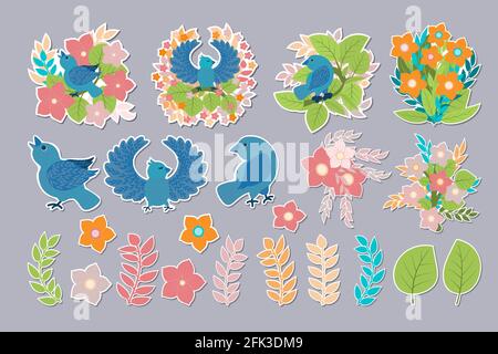 Ein Satz farbenfroher Frühlingsaufkleber mit niedlichen Vögeln, Zweigen, Blumen und Blumensträußen auf weißem Hintergrund. Eine Sammlung von Ikonen, Stickern und Design elem Stock Vektor