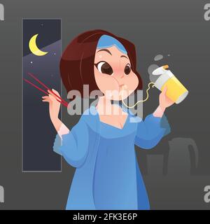 Abbildung: Frau in Blau Nachthemd essen Instant Nudelsuppe in Küche mit Fenster in der Nacht, Cartoon Vektor Stock Vektor