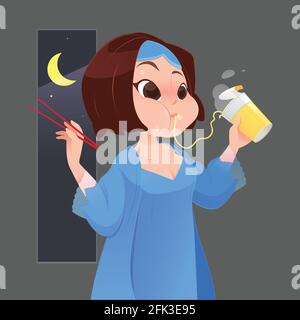 Abbildung: Frau in Blau Nachthemd essen Instant Nudelsuppe in Küche mit Fenster in der Nacht, Cartoon Vektor Stock Vektor