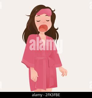 Illustration Frau in rosa Robe gähnend vor cremefarbenem Hintergrund, Menschen, die spät aufwachen, Cartoon und Vektor Stock Vektor