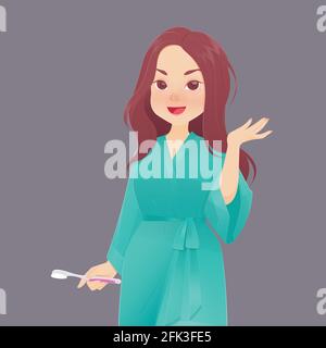 Illustration Frau in grüner Robe Zähneputzen vor grauem Hintergrund, Vektor und Cartoon. Stock Vektor