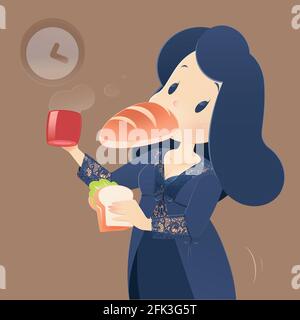Abbildung: Frau in Blau Nachthemd essen Kaffee und Brot in der Küche mit Fenster in der Nacht, Cartoon Vektor Stock Vektor