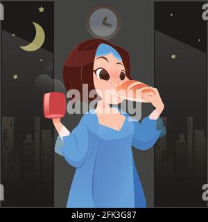 Abbildung: Frau in Blau Nachthemd essen Kaffee und Brot in der Küche mit Fenster in der Nacht, Cartoon Vektor Stock Vektor