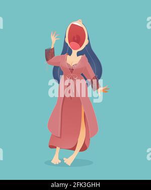 Cartoon Frau in Nachtwäsche und Robe ständigen Gähnen vor blauem Hintergrund, Vektor Cartoon Stock Vektor