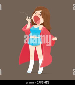 Illustration Frau in blauen Pyjamas und rote Robe stehend Gähnen auf braunem Hintergrund, Vektor-Cartoon Stock Vektor