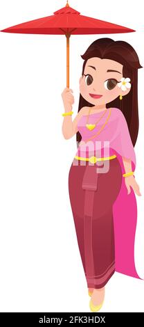 Die Cartoon-Frauen in thailändischen Kleidungs hält Regenschirm, Kultur in Thailand, traditionelle südostasiatische Kostüme, Vektor-Illustration Stock Vektor