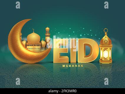 Ramadan Kareem und Eid Mubarak Grüße mit Moschee, Halbmond und goldene Lampe, Eid 3d-Brief. vektor-Illustration Design Stock Vektor