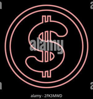Neon Dollar im Kreis ist es die rote Farbe vektordarstellung flaches Lichtbild Stock Vektor
