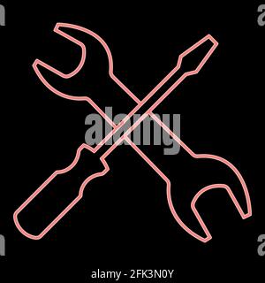 Neon Schraubendreher und Schraubenschlüssel es ist die rote Farbe Vektor Illustration flaches, helles Bild Stock Vektor
