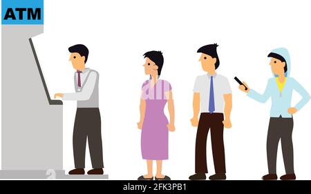 Geschäftsmann, der sich für einen Geldautomaten anschlange, um Bargeld abzuheben. Flache Cartoon Charakter Vektor-Illustration auf weißem Hintergrund. Stock Vektor