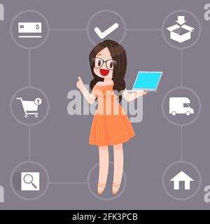 Glückliche Frau mit Einkaufstasche genießen im Online-Shopping. Geschäftskonzept Cartoon Illustration. Stock Vektor