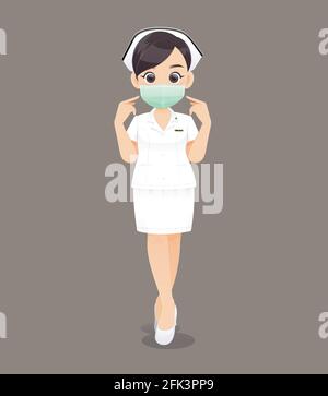 Krankenpflege trägt eine Schutzmaske, Cartoon-Frau Arzt oder Krankenschwester in weißer Uniform auf braunem Hintergrund, Vektor-Illustration im Charakter-Design Stock Vektor