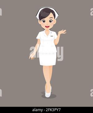 Cartoon Frau Arzt oder Krankenschwester in weißer Uniform auf braunem Hintergrund, lächelndes weibliches Pflegepersonal, Vektor-Illustration im Charakter-Design Stock Vektor