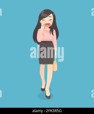 Die Frau im Arbeitskleid gähnend, während sie ins Büro geht, Vektor-Illustration im Charakterdesign Stock Vektor