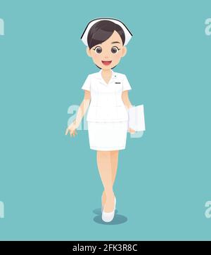 Cartoon Frau Arzt oder Krankenschwester in weißer Uniform hält ein Klemmbrett, lächelnd weiblichen Pflegepersonal, Vektor-Illustration in Charakter-Design Stock Vektor