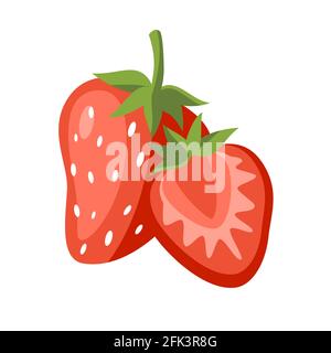 Hand gezeichnete Erdbeere ganz und Scheibe isoliert auf weißem Hintergrund Rote Beere halb Vektor Illustration Stock Vektor