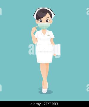 Krankenpflege trägt eine Schutzmaske, Cartoon-Frau Arzt oder Krankenschwester in weißer Uniform hält eine Zwischenablage, Vektor-Illustration in Charakter-Design Stock Vektor