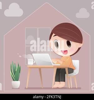 Cartoon-Frau, die zu Hause an einem Laptop arbeitet. Lady bereitet sich auf die Coronavirus-Arbeit von zu Hause aus. Schutz von Covid 19. Flacher Charakter illus Stock Vektor