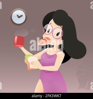 Illustration Frau in rosa Nachthemd und Spitzenrobe essen in der Nacht. Nachthunger, Kaffeetrinken, flaches Figuren-Illustrationsdesign. Stock Vektor