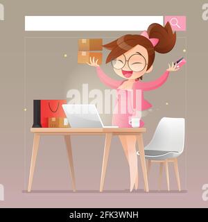 Online-Shopping. Cartoon Shopper Frauen tragen rosa kaufen online mit einem Notebook-Computer und Kreditkartenständer in einem Home Office. Arbeiten von hom Stock Vektor
