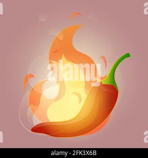 Illustration Mexikanischer Chili mit Feuerball auf dunkelrosa Hintergrund. Design der beliebtesten Kochzutaten der Welt. Scharf und würzig isolieren ca. Stock Vektor