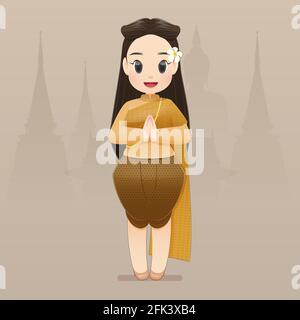 Illustration thailändische Frauen in traditioneller Thai-Kleidung sagen Hallo Sawasdee. Hallo, Sawadee mit Bangkok Hintergrund. Flaches Zeichendesign. Stock Vektor