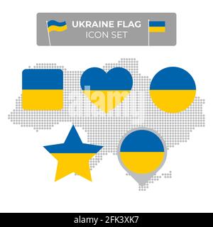 Ukraine Flaggen-Symbole in Form von Quadrat, Herz, Kreis, Sterne und Zeiger, Kartenmarkierung gesetzt. Mosaikkarte der ukraine. Vektor ukrainisch flaches Symbol, Symbol Stock Vektor