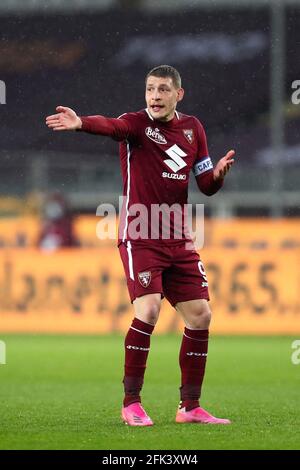 Turin, Italien, 26. April 2021. Andrea Belotti vom FC Turin zeigt während der Serie EIN Spiel zwischen dem FC Turin und dem SSC Napoli im Stadio Grande Torino, Turin. Stockfoto