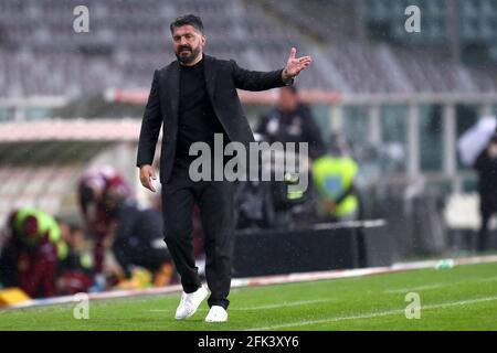 Turin, Italien, 26. April 2021. Gennaro Gattuso, Cheftrainer des SSC Napoli, zeigt während der Serie EIN Spiel zwischen dem FC Turin und dem SSC Napoli im Stadio Grande Torino, Turin. Stockfoto