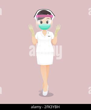 Cartoon Frau Arzt oder Krankenschwester trägt Gesichtsschutz in einer weißen Uniform auf einem rosa Hintergrund, Krankenschwester trägt medizinische Handschuhe und trägt eine Gesundheit Stock Vektor